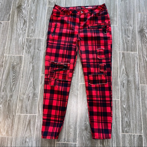 Blackheart Hot Topic Red Black Plaid Skinny Jeans - Picture 4 of 14